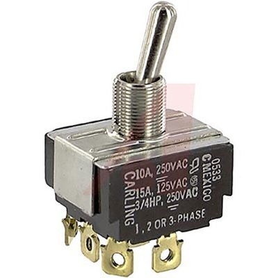 Carling Technologies Toggle Switch, Panel Mount, On-Off, 3PDT, Screw Terminal, 250V ac