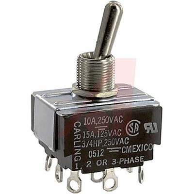 Carling Technologies Toggle Switch, Panel Mount, On-On, 3PDT, Solder Lug Terminal, 250V ac