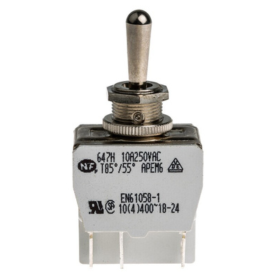 APEM Toggle Switch, Panel Mount, (On)-Off-(On), DPDT, Solder Lug Terminal, 250V ac
