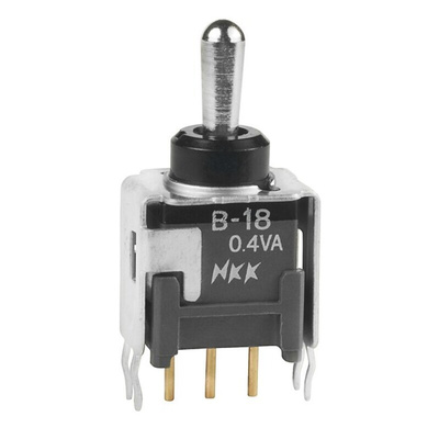 NKK Switches Toggle Switch, PCB Mount, (On)-Off-(On), SPDT, Through Hole Terminal, 28V ac/dc