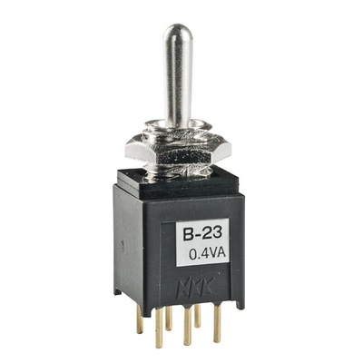 NKK Switches Toggle Switch, PCB Mount, On-Off-On, DPDT, Through Hole Terminal, 28V ac/dc