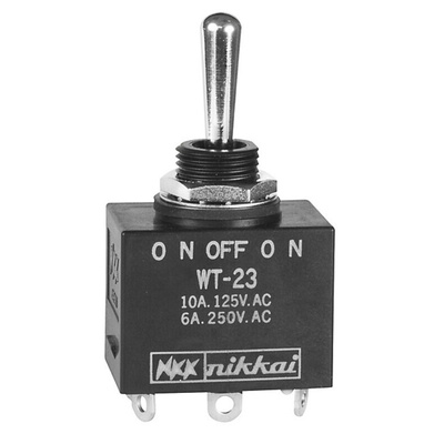 NKK Switches Toggle Switch, Panel Mount, On-Off-On, DPDT, Solder Terminal, 250V ac