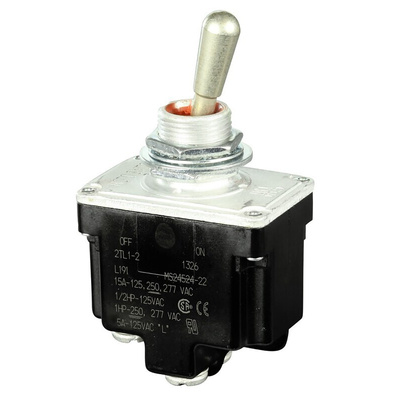 Honeywell Toggle Switch, Bushing Mount, (On)-Off, DPST, Screw Terminal, 125V ac