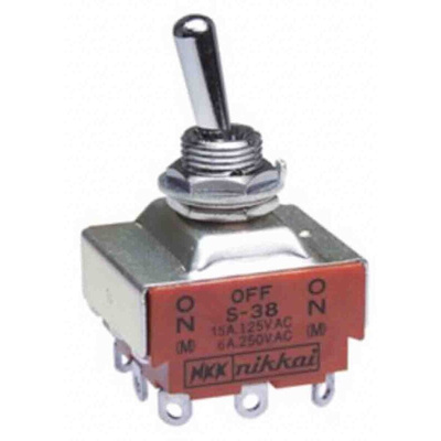 NKK Switches Toggle Switch, Panel Mount, (On)-Off-(On), 3PDT, Solder Terminal, 30 V dc, 125V ac