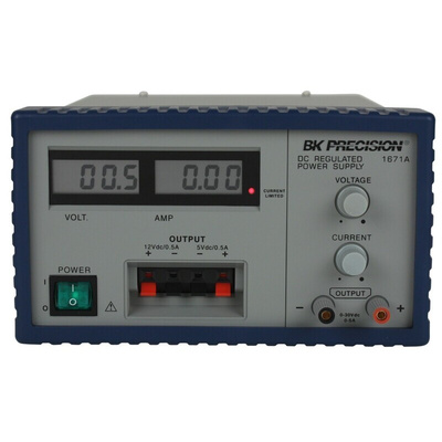 BK Precision 1671A Series Digital Bench Power Supply, 5V, 0 → 5 A, 2 x 0 → 500mA, 3-Output, 158W - UKAS