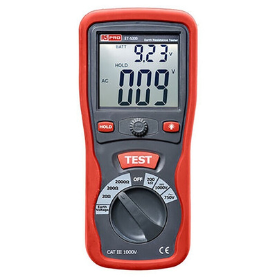 RS PRO ET5300 Earth Tester, 2kΩ CAT III 1000 V RS Calibration