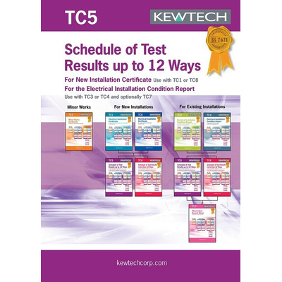 Kewtech Corporation TC5 Electrical Installation Certificate, Certificate Type Inspection & Test Schedule, For Use With
