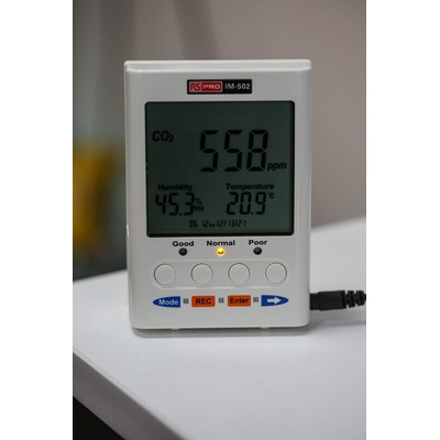 RS PRO IM-502 Air Quality Monitor for CO2, Humidity, Temperature, +122 °F, +50 °C Max, 95%RH Max, Mains-Powered