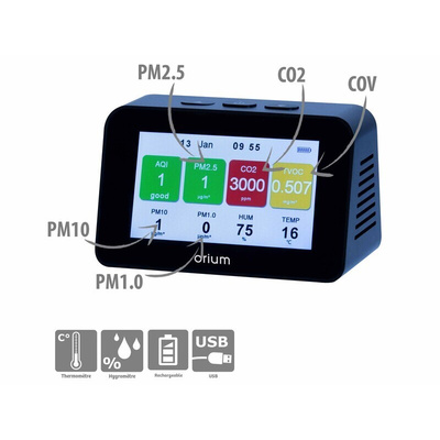 Orium Quaelis 34 Air Quality Meter for CO2, Humidity, Particulate Matter, Temperature, TVOC, +50°C Max, 90%RH Max