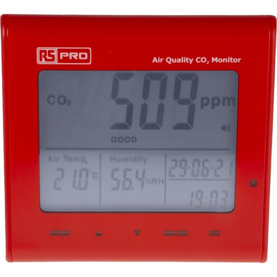 RS PRO DT-802 Air Quality Monitor for CO2, Humidity, Temperature, +50°C Max, 90%RH Max, Mains-Powered