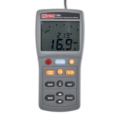 8888 RS1364 Handheld Hygrometer, ±3 %RH Accuracy, +140 °F, +60 °C Max, 95%RH Max, UKAS Calibration
