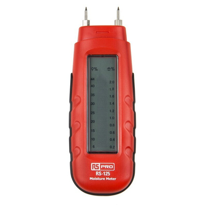 RS PRO RS-125 Moisture Meter, 0.2 → 2 %, 6 → 44 % RH Max, ±0.05 (Materials) %, ±1 (Wood) % Accuracy,
