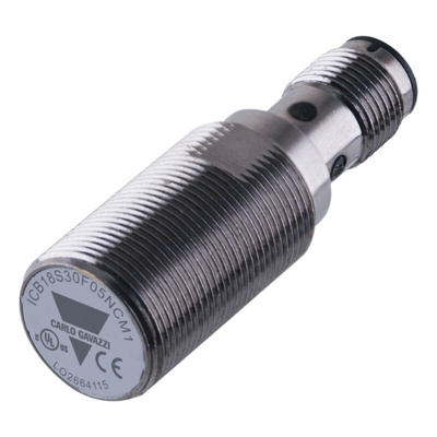 Carlo Gavazzi ICB18 Series Inductive Barrel-Style Inductive Proximity Sensor, M18 x 1, 5 mm Detection, PNP Output, 10