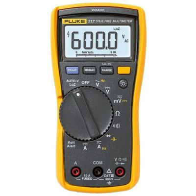 Fluke 117 Handheld Digital Multimeter, True RMS, 10A ac Max, 10A dc Max, 600V ac Max - RS Calibrated