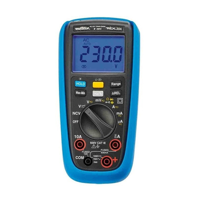 Metrix MTX204 Handheld Digital Multimeter, True RMS, 10A ac Max, 10A dc Max, 1000V ac Max