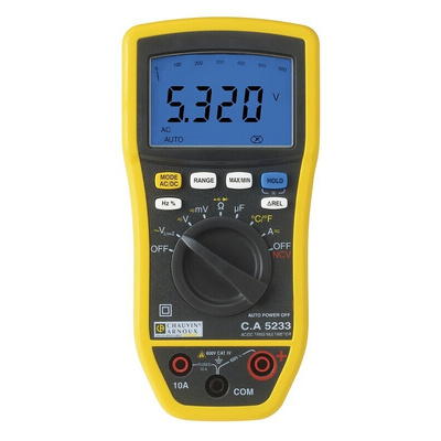 Chauvin Arnoux CA 5233 Handheld Digital Multimeter, True RMS, 10A ac Max, 10A dc Max, 600V ac Max - RS Calibrated
