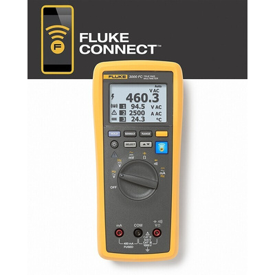 Fluke 3000 FC Handheld Digital Multimeter, True RMS, 400mA ac Max, 400mA dc Max, 1000V ac Max - UKAS Calibrated