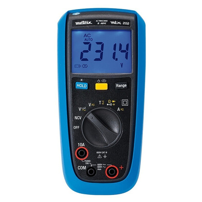 Metrix MTX202 Handheld Digital Multimeter, True RMS, 10A ac Max, 10A dc Max, 600V ac Max