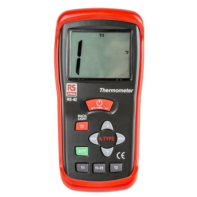 RS PRO RS42 Wired Digital Thermometer, K Probe, 2 Input(s), +1300 °C, +2000°F Max, ±0.5% + 1 °C, ±0.5% + 2 °F Accuracy