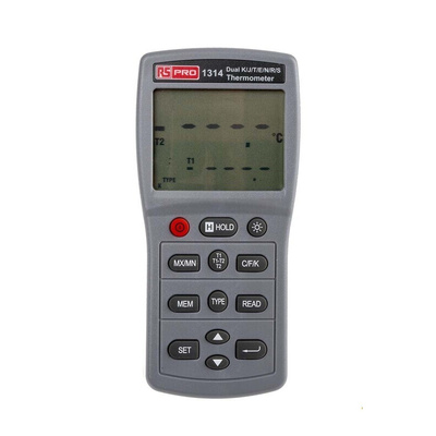 RS PRO 1314 Wired Digital Thermometer, E, J, K, N, R, S, T Probe, 2 Input(s), +1090 (J) °C, +1300 (N) °C, +1370 (K) °C,