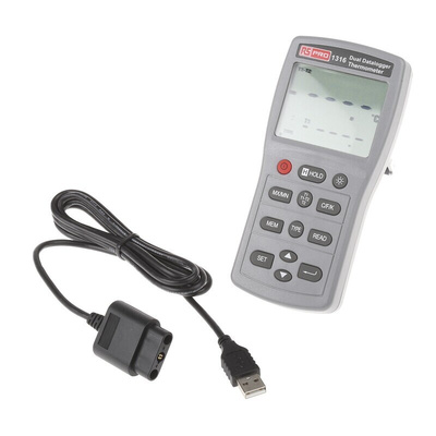 RS PRO 1316 Wired Digital Thermometer, E, J, K, N, R, S, T Probe, 2 Input(s), +1090 (J) °C, +1300 (N) °C, +1370 (K) °C,