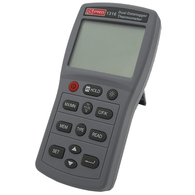 RS PRO 1316 Wired Digital Thermometer, E, J, K, N, R, S, T Probe, 2 Input(s), +1090 (J) °C, +1300 (N) °C, +1370 (K) °C,