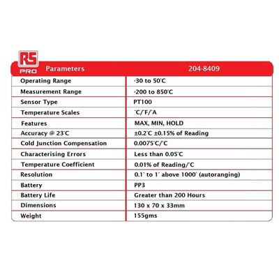 RS PRO Digital Thermometer for Food Industry, Medical Use, PT100 Probe, 1 Input(s), +850°C Max, ± 0.05 % Accuracy