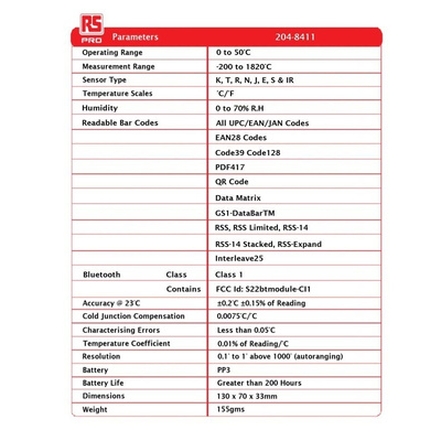 RS PRO Thermocouple Barcode Scanning Digital Thermometer for HVAC, Industrial Use, E, J, K, N, R, S, T Probe, 1