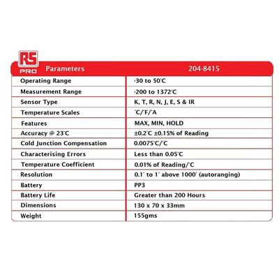 RS PRO Thermocouple Digital Thermometer for HVAC, Industrial Use, E, J, K, N, R, S, T Probe, 1 Input(s), +1372°C Max,