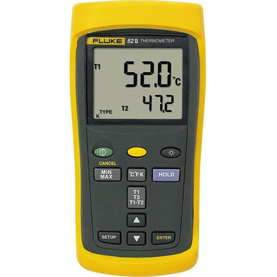 Fluke 52 II Wired Digital Thermometer for Industrial Use, E, J, K, N, R, S, T Probe, 2 Input(s), +1767°C Max, ±(0.05 %