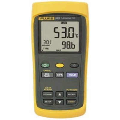 Fluke 53 II Wired Digital Thermometer for Industrial Use, E, J, K, N, R, S, T Probe, 1 Input(s), +1767°C Max, ±0.05 %