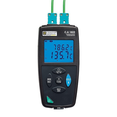 Chauvin Arnoux CA 1822 Wired Digital Thermometer for Multipurpose Use, E, J, K, N, R, S, T Probe, 2 Input(s) - UKAS