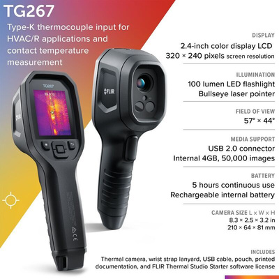 FLIR TG267 Bluetooth, USB 2.0 Thermal Imaging Camera, –25 → +380 °C, 160 x 120pixel Detector Resolution
