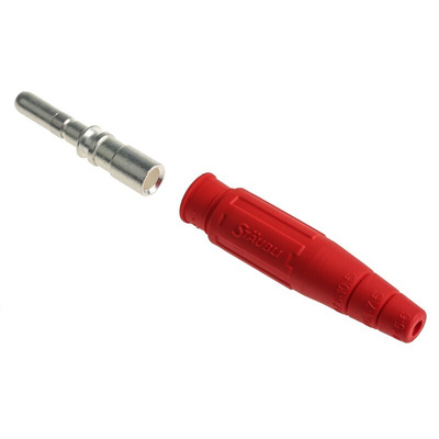 Staubli Red Male Test Plug, 6 mm Connector, Crimp Termination, 100A, 600V, Silver Plating