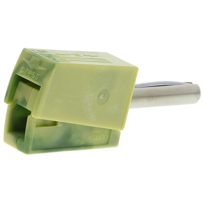 Wago Green/Yellow Male Banana Plug, 4 mm Connector, Cage Clamp Termination, 20A, 42V, Nickel Plating