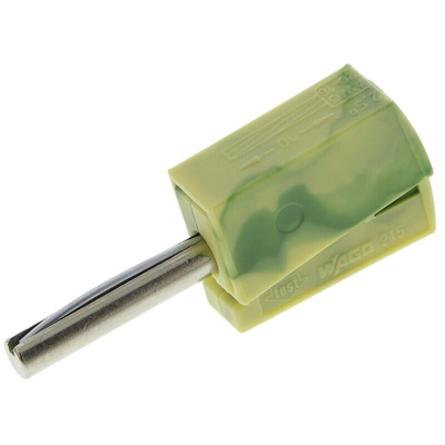 Wago Green/Yellow Male Banana Plug, 4 mm Connector, Cage Clamp Termination, 20A, 42V, Nickel Plating