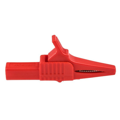 Mueller Electric Crocodile Clip 4 mm Connection, Nickel-Plated Steel Contact, 30A, Red