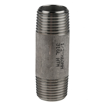 RS PRO Stainless Steel Pipe Fitting, Straight Circular Barrel Nipple, Male R 1/2in x Male R 1/2in