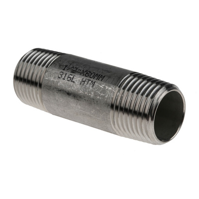 RS PRO Stainless Steel Pipe Fitting, Straight Circular Barrel Nipple, Male R 1/2in x Male R 1/2in