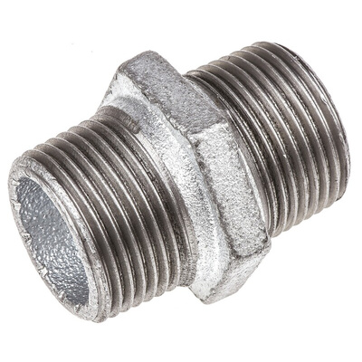 Georg Fischer Galvanised Malleable Iron Fitting Hexagon Nipple, Male BSPT 1in to Male BSPT 1in