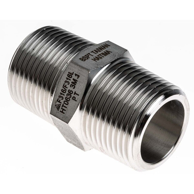 RS PRO Stainless Steel Pipe Fitting, Straight Hexagon Nipple Joint, Male R 1in x Male R 1in