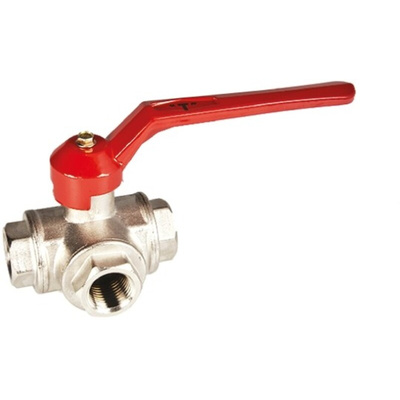 RS PRO Brass Reduced Bore, 3 Way, Ball Valve, BSPP 1/2in, 40bar Operating Pressure