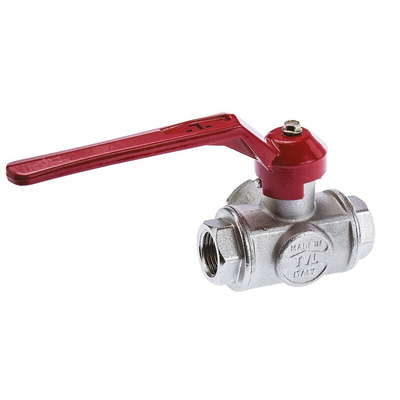 RS PRO Brass Reduced Bore, 3 Way, Ball Valve, BSPP 1/2in, 40bar Operating Pressure