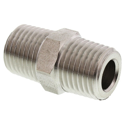 Legris Stainless Steel Pipe Fitting, Straight Hexagon Coupler, Male R 1/4in x Male R 1/4in