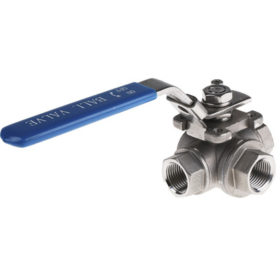 RS PRO Stainless Steel L Port, 3 Way, Ball Valve, BSPP 1/2in, 68bar Operating Pressure