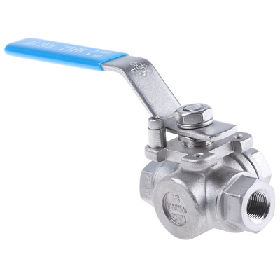 RS PRO Stainless Steel T Port, 3 Way, Ball Valve, BSPP 3/8in, 68bar Operating Pressure