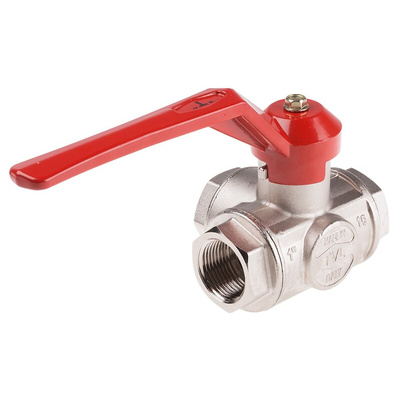 RS PRO Brass Reduced Bore, 3 Way, Ball Valve, BSPP 1in, 40bar Operating Pressure