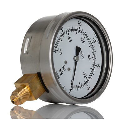 RS PRO BSP 3/8 Analogue Pressure Gauge 0bar Bottom Entry, -1bar min.