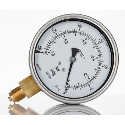 RS PRO BSP 3/8 Analogue Pressure Gauge 0bar Bottom Entry, -1bar min.