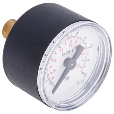 RS PRO Analogue Pressure Gauge 10bar Back Entry, UKAS, 0bar min.